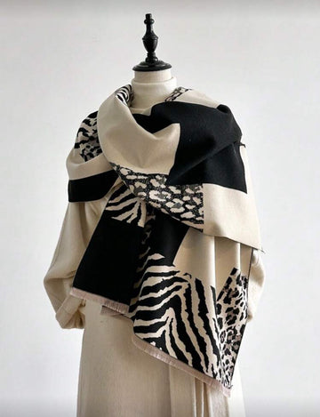 1pc Leopard Print Patchwork Design Jacquard Scarf, Warm And Fashionable For Women, Suitable For Air-Conditioned Rooms, Autumn/Winter