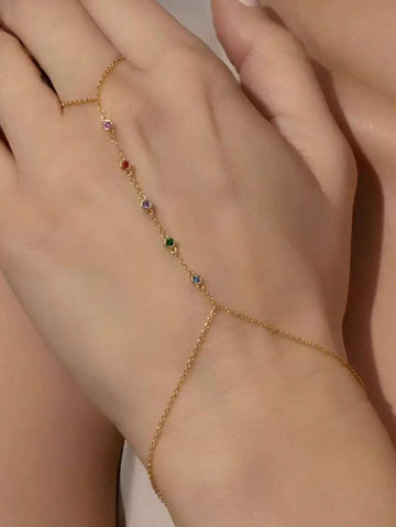 1pc Stainless Steel Bracelet With Colorful Zirconia Stones, Fashionable Finger Chain Jewelry (Random Crystal Color)
