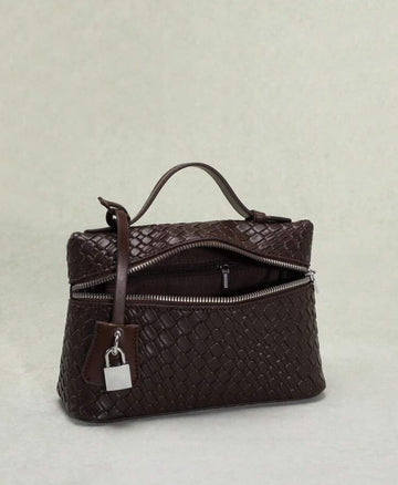 1pc High-Quality Women's Handbag, Solid Color PU Embossed Woven Plaid Small Tote Bag, Women's Handheld Handle Bag