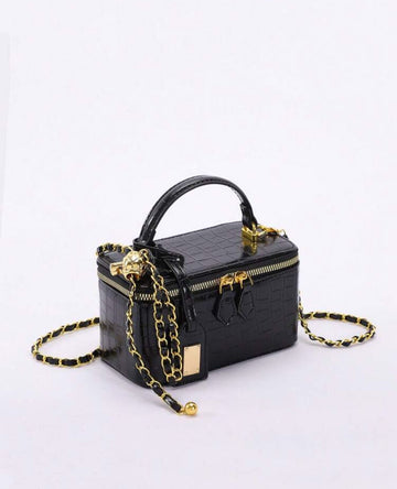 1pc High-Quality Black Crocodile Embossed Zipper Small Square Bag, Fashionable PU Quilted Diamond Stitching Box Bag, Versatile Zipper Small Square Bag, Women's Handbag With Chain Shoulder Strap