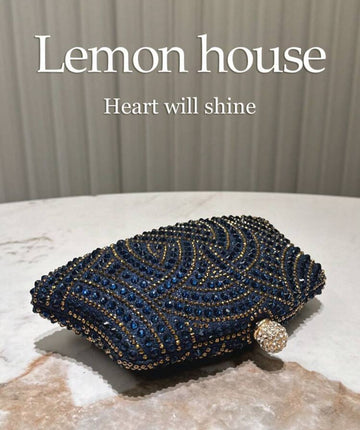 1pc Elegant Navy Blue Shiny Rhinestone Decor Clutch Handbag With Metallic Shoulder Chain