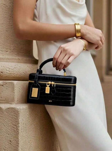 Fashionable PU Crocodile Embossed Handbag With Metal Decor, Minimalist And Versatile For Daily, Commute, Shopping And Other Occasions