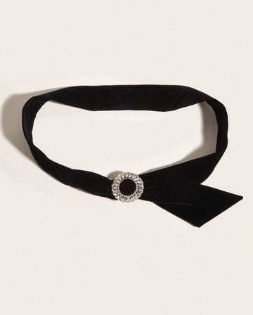 1pc Women's Elegant Velvet Waist Belt, Casual & Versatile Black Velvet Belt With Round Buckle & Crystal Decoration, Suitable For Dresses Summer, School Fall, Autumn, Halloween