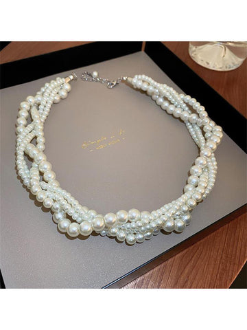 1pc Vintage Cultured Faux Pearl & Twisted Rope Design Multi-Layer Necklace Suitable For Women's Daily Wear