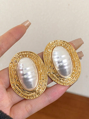 1 Pair Metal Asymmetrical Ruched Striped Ellipse Pearl Earrings, Vintage Chic High-End Retro Personalized Exaggerated Medieval Style Big Earrings, Gift For Women, Girls, Wedding, Party, Anniversary