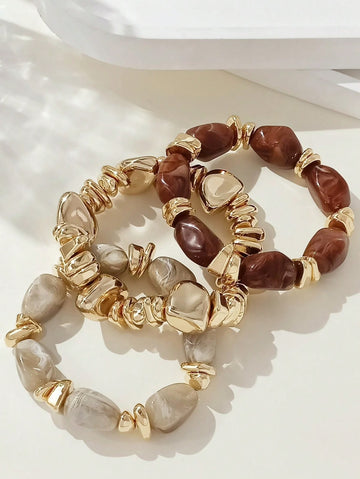 LADYCOCO 3pcs Vintage Multi-Layer Brown Acrylic Beaded Bracelet, Deformed Gold Crushed Stone Bracelet For Women