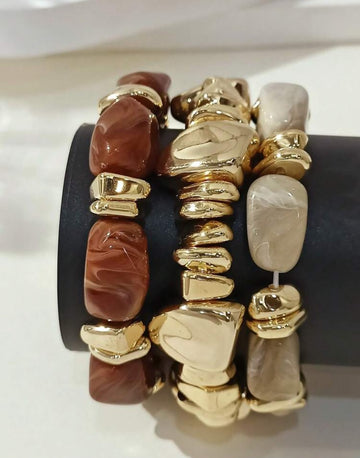 LADYCOCO 3pcs Vintage Multi-Layer Brown Acrylic Beaded Bracelet, Deformed Gold Crushed Stone Bracelet For Women