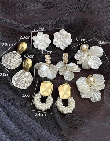 5pcs/Set Minimalist Elegant Petals Design Faux Pearl Drop Tassels French Style Earrings Suit, Versatile For Women Everyday & Festival Wear