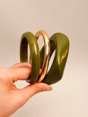 3pcs Exaggerated Asymmetric Green Acrylic Bracelet, Gold CCB Round, Versatile & Stylish, Suitable For Women.