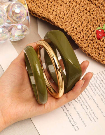 3pcs Exaggerated Asymmetric Green Acrylic Bracelet, Gold CCB Round, Versatile & Stylish, Suitable For Women.