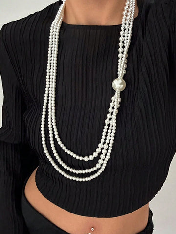 1pc Vintage Elegant Faux Pearl Beaded Multi-Layer Waterfall Necklace, Fashion Personalized Baroque Bead Long Tassel Necklace Accessory.
