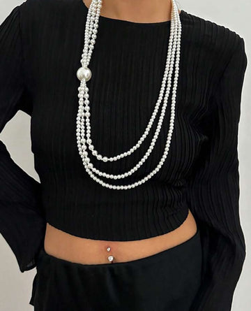 1pc Vintage Elegant Faux Pearl Beaded Multi-Layer Waterfall Necklace, Fashion Personalized Baroque Bead Long Tassel Necklace Accessory.