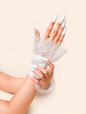 1pc White Lace Detachable Cuff Gloves, Suitable For Dress Matching