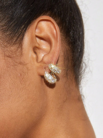 SHEIN BAE 1pair Fashion Luxury Rhinestone Double Row Statement Earrings