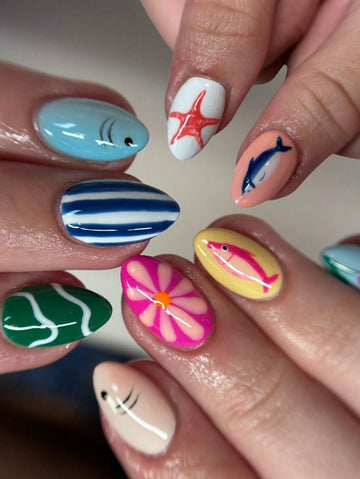 24pcs Summer Ocean Dolphin Starfish Floral Striped Press-On Nails, Medium-Long Oval Cute Beach Vacation Fake Nails