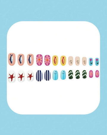 24pcs Summer Ocean Dolphin Starfish Floral Striped Press-On Nails, Medium-Long Oval Cute Beach Vacation Fake Nails