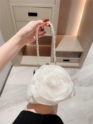 A Delicate Flower Pattern Evening Bag With Faux Pearl Handle And Chain, Suitable For Formal, Proms And Dinners, Romantic White Wedding Purse Tready Bride Bag, Perfect For Party
