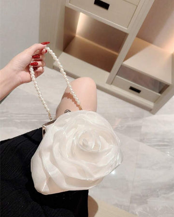 A Delicate Flower Pattern Evening Bag With Faux Pearl Handle And Chain, Suitable For Formal, Proms And Dinners, Romantic White Wedding Purse Tready Bride Bag, Perfect For Party