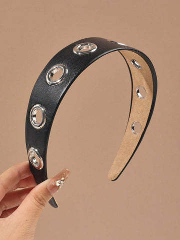 Punk Style Black Faux Leather & Metal Hollow Hair Hoop - Fashionable Versatile Autumn/Winter Hair Accessory