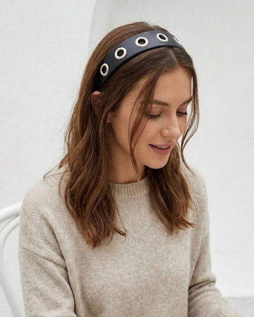 Punk Style Black Faux Leather & Metal Hollow Hair Hoop - Fashionable Versatile Autumn/Winter Hair Accessory
