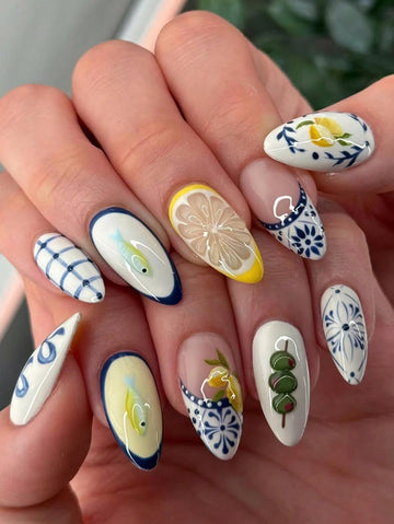 24pcs/Set French Almond Shaped 3D Gel Nail Stickers, Lemon, Cute Fish, Blue Plaid, Bow Decor