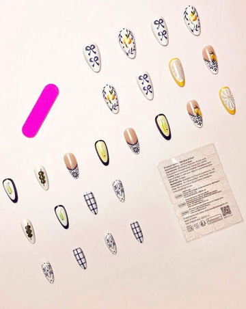 24pcs/Set French Almond Shaped 3D Gel Nail Stickers, Lemon, Cute Fish, Blue Plaid, Bow Decor