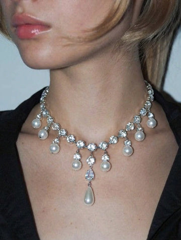 1pc Luxury Qizhi8 Glamorous Sparkling Teardrop Tassel Faux Pearl Necklace, French Minimalist Choker Necklace, Multi-Layer Delicate Jewelry Gift For Women