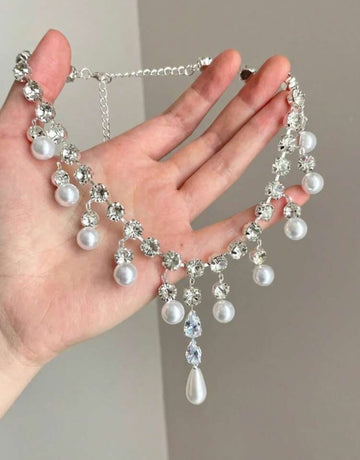 1pc Luxury Qizhi8 Glamorous Sparkling Teardrop Tassel Faux Pearl Necklace, French Minimalist Choker Necklace, Multi-Layer Delicate Jewelry Gift For Women