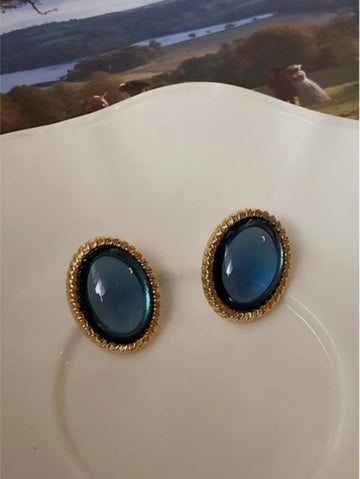 1 Pair Vintage Palace Style Earrings, Elegant Oval Blue Sapphire Antique Stud Earrings