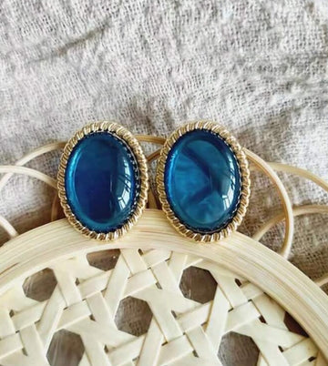 1 Pair Vintage Palace Style Earrings, Elegant Oval Blue Sapphire Antique Stud Earrings