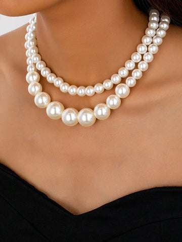 1pc New Designed Multi-Layer Pearl Chain Necklace With Earrings, Personal Elegant Premium Choker For Women