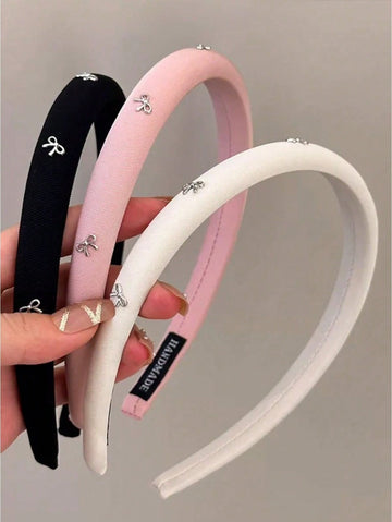 3pcs Women's Korean Fashion Narrow Silver Bow Solid Fabric Sponge Headband, Elegant Versatile Headband Suitable For Daily Use, Home.
