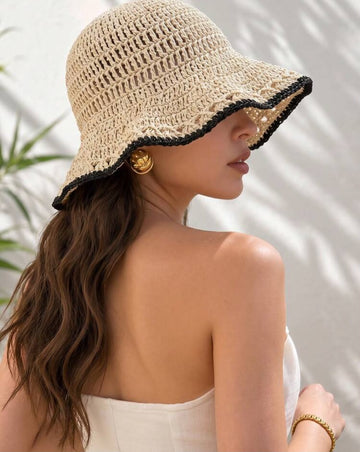 1pc Crochet Knitted Wide Brim Sun Hat For Women, Breathable Summer Beach Hat With Foldable Black Trim, Portable For Travel & Vacation, Boho Chic