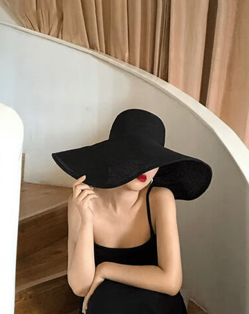 1pc Women's Wide Brim Sun Protection Sun Hat, Black Woven Strap, Beach Hat