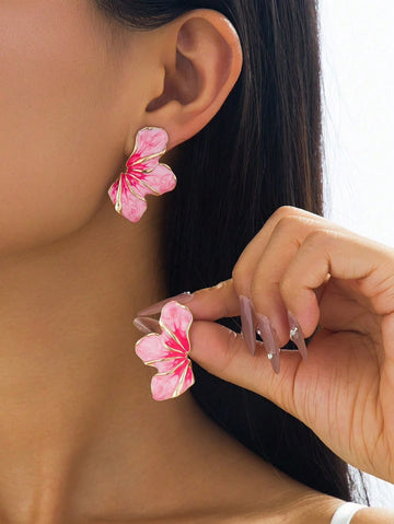 1 Pair Summer Sweet Cute Vacation Style Handmade Enamel Gradient Fading Pink Half Flower Stud Earrings, Fashion Jewelry