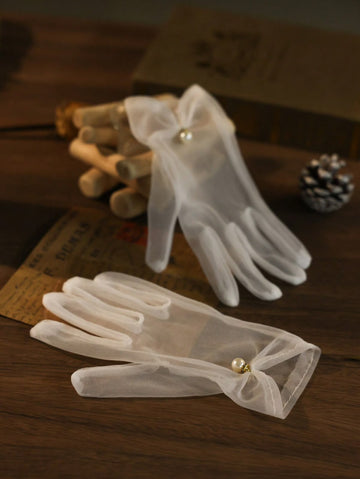 1 Pair Transparent Beaded Bridal Gloves For Women, Wedding/Bridal Accessories