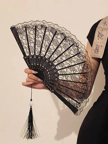 Exquisite Gold Rose Lace Fan,Vintage Black Lace Folding Fan JK Lolita Cheongsam Fan Antique Style Photo Props Lace Lace