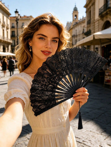 1pc Vintage Lace Embroidered Floral Folding Fan, Elegant Black Hand Fan With Tassel, Traditional Retro Style, Suitable For Summer Cooling, Daily Use, Can Be Used As Women's Gift.