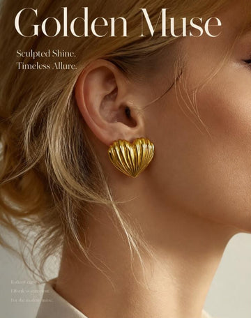 1 Pair French Vintage Luxury Niche Gentle Romantic Commuter Style 316 Stainless Steel 18K Gold Plated 3D Vertical Shell Texture Heart Stud Earrings For Women, Daily Commute, Date, Valentine's Day,