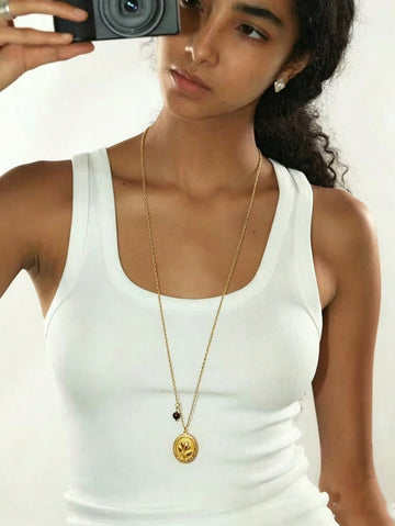 1pc Gold Stainless Steel 18K Gold Plated Chain With Rose Pendant And Natural Tiger Eye Bead Long Necklace, Elegant Elegant Versatile For Daily Wear, Layering, Holiday Gift