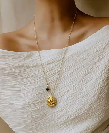 1pc Gold Stainless Steel 18K Gold Plated Chain With Rose Pendant And Natural Tiger Eye Bead Long Necklace, Elegant Elegant Versatile For Daily Wear, Layering, Holiday Gift