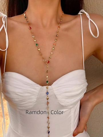 1pc Golden/Silver Women's Long Y-Shaped Necklace Party Accessory, Deep V Plunge Sparkling Pendant For Date, Anniversary, Birthday, Holiday, Boho Elegant Luxury Chic, Fashion & Feminine
