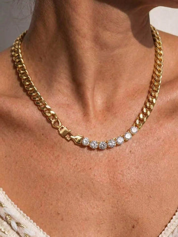 1pc 18K Gold Plated Stainless Steel Hip Hop Personalized Rhinestone Short Chain Choker Necklace For Women, Suitable For Daily Wear.