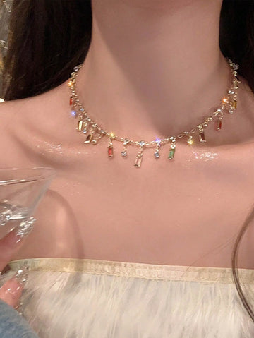 1pc/2pcs Rainbow Crystal Tassel Choker Necklace, Colorful Rhinestone Dangle Gold Chain Necklace For Women Wedding Party Holiday
