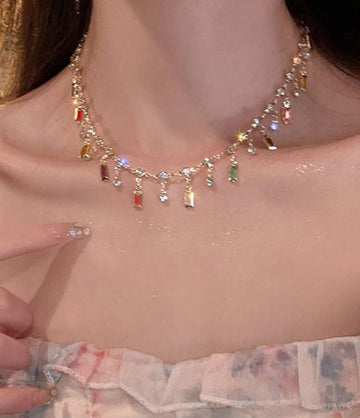1pc/2pcs Rainbow Crystal Tassel Choker Necklace, Colorful Rhinestone Dangle Gold Chain Necklace For Women Wedding Party Holiday