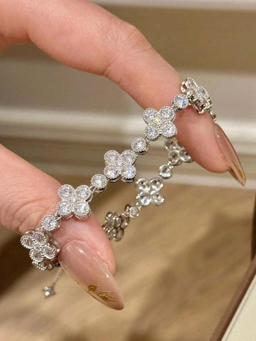 Stainless Steel Four-Leaf Flower Bracelet With Zirconia, Delicate Jewelry For Women