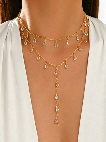 2pcs/Set Elegant Teardrop Pendant Necklace, Stainless Steel Women's Collarbone Chain And Y-Shaped Necklace, Crystal Rhinestone Pendant Necklace, Suitable For Women's Daily Wear.