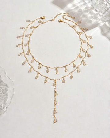 2pcs/Set Elegant Teardrop Pendant Necklace, Stainless Steel Women's Collarbone Chain And Y-Shaped Necklace, Crystal Rhinestone Pendant Necklace, Suitable For Women's Daily Wear.