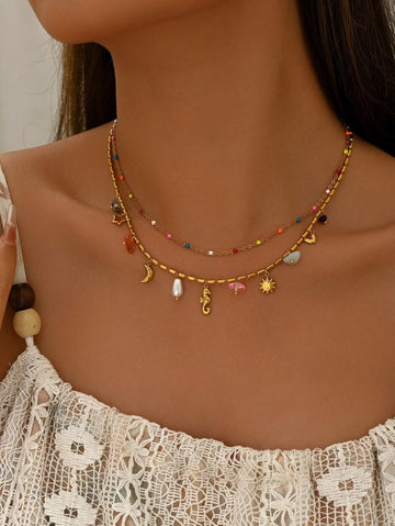 1pc Women's Gold-Tone Sea Lion, Star, Moon, Faux Pearl, Heart, Sun Beaded Necklace, Bohemian Style, Beach Hawaii Holiday Accessory Jewelry, Suitable For Summer Beach Vacation, Matching Use