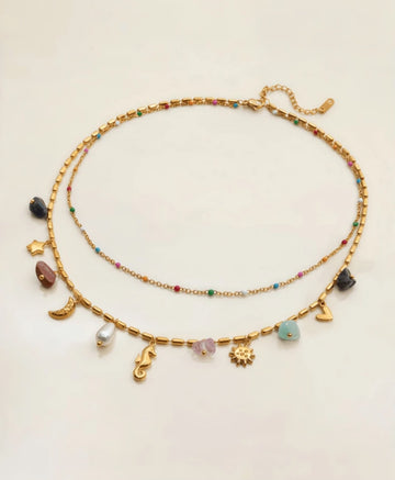 1pc 18K Gold Plated Stainless Steel Multi-Layer Colorful Necklace, Seahorse, Starfish, Hea0rt Design, Sun Pendant, Elegant Bohemian Style Necklace.